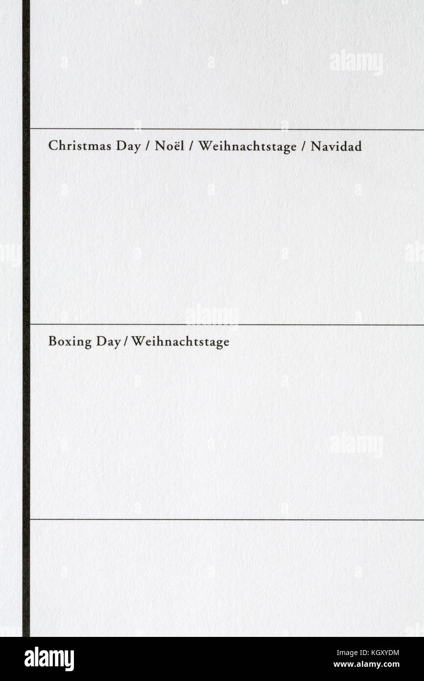 Christmas day and Boxing day in different languages on page of calendar diary Stock Photo