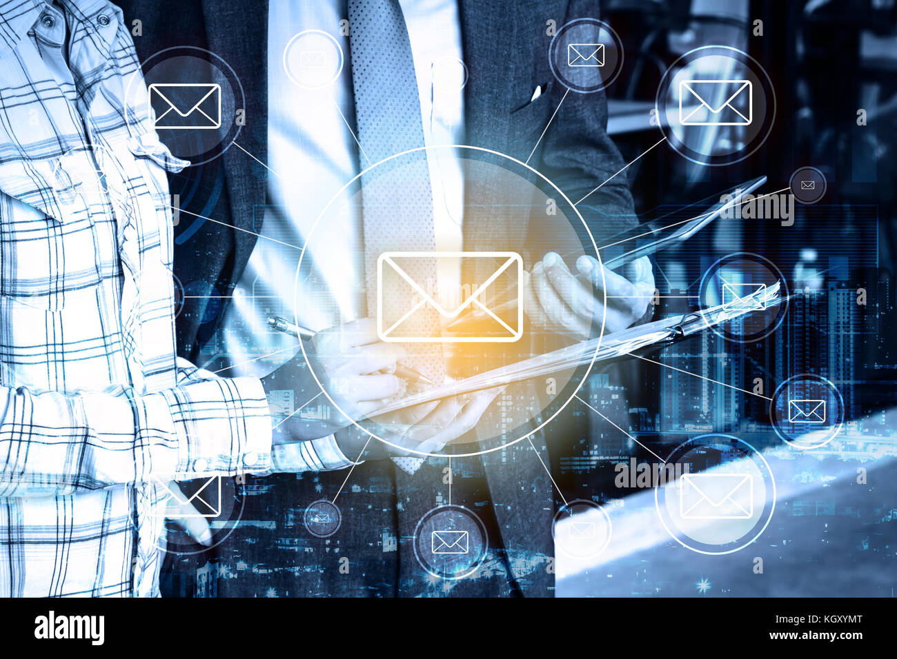 double exposure Professional businessman hold digital tablet and global email connection Stock Photo