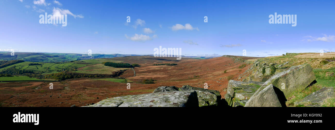 View from Stanage Edge, Peak District National Park, Sheffield, South Yorkshire, England, UK. Stock Photo