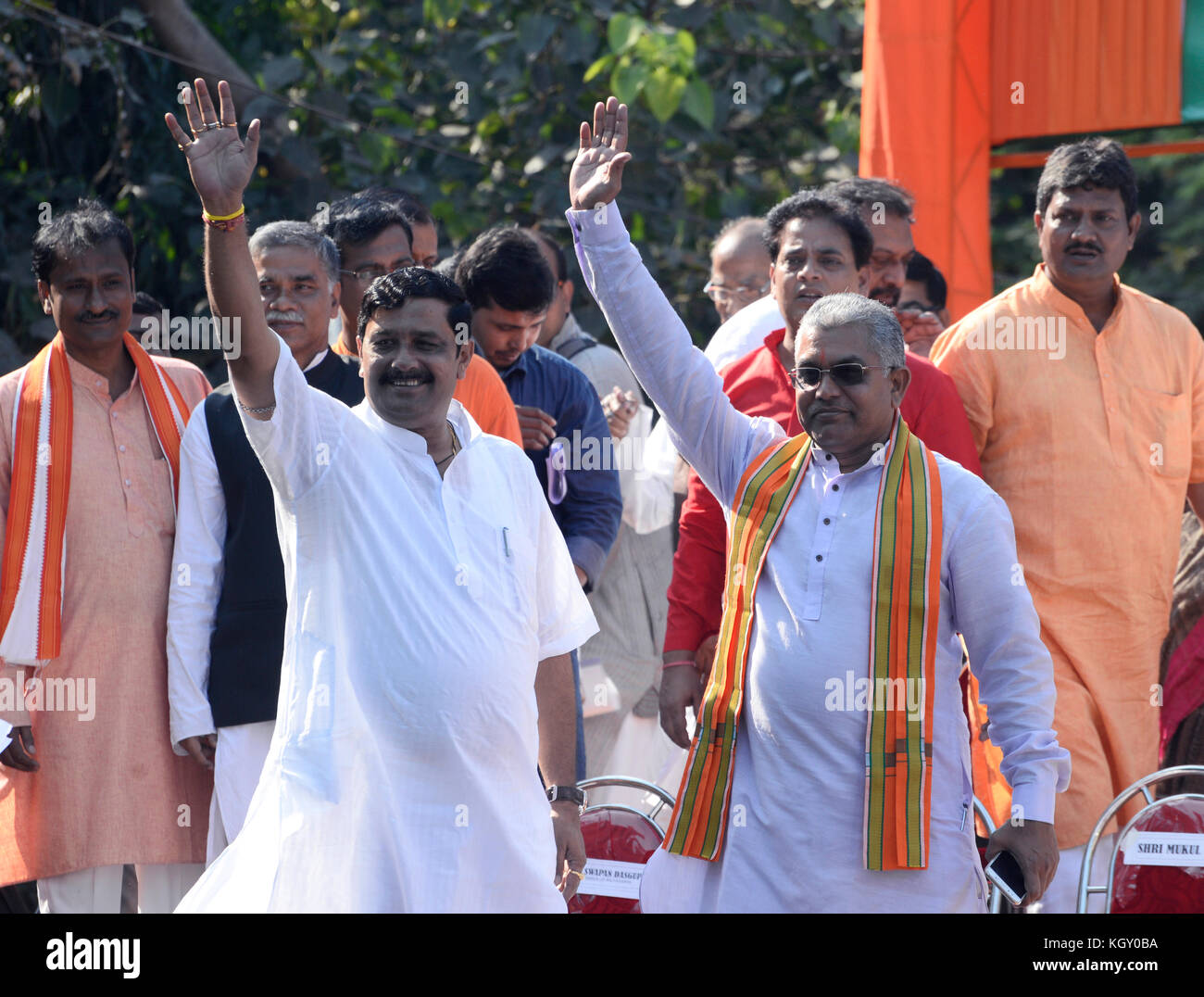 Rahul Sinha(left) and Dilip Ghosh(right) participates this BJP protests rally in Kolkata. Bharatiya Janta Party (BJP) holds a protest rally against appeasement politics of ruling Trinamool Congress and demanding restoration of democracy at state on November 10, 2017 in Kolkata. (Photo by Saikat Paul/Pacific Press) Stock Photo