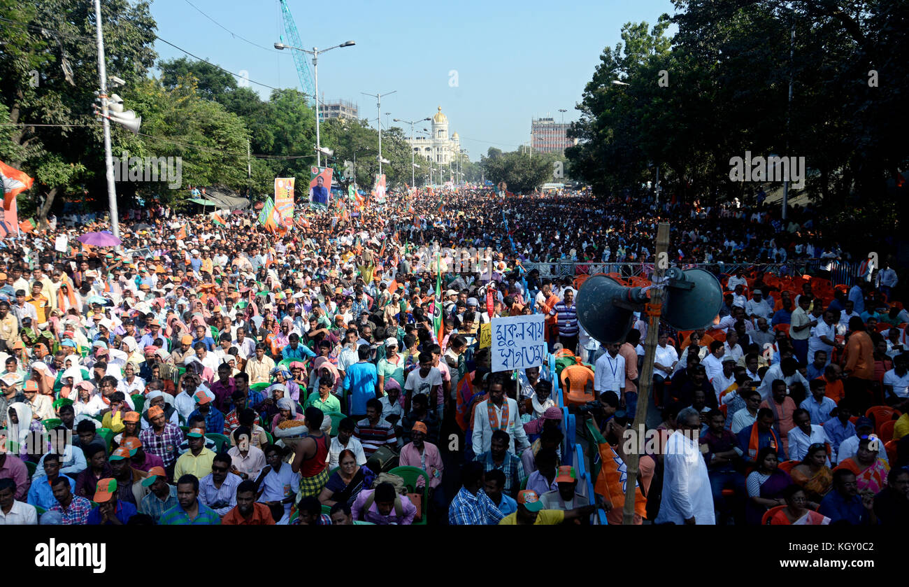 Huge numbers of BJP activist from different part state participate in the rally with poster, banner and flag in Kolkata. Bharatiya Janta Party (BJP) holds a protest rally against appeasement politics of ruling Trinamool Congress and demanding restoration of democracy at state on November 10, 2017 in Kolkata. (Photo by Saikat Paul/Pacific Press) Stock Photo