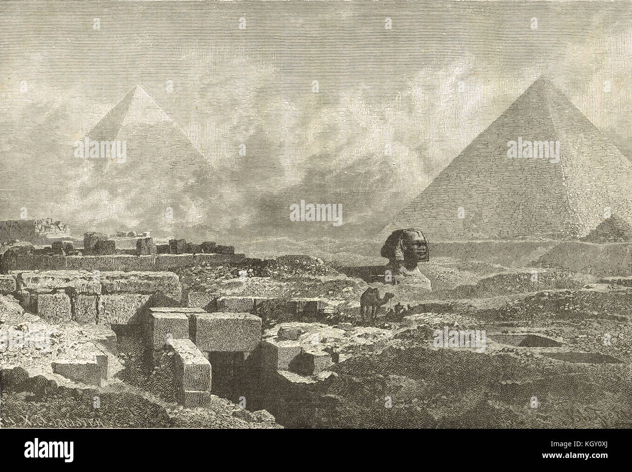 The Great Sphinx of Giza and the Pyramids, Egypt, 19th century view Stock Photo