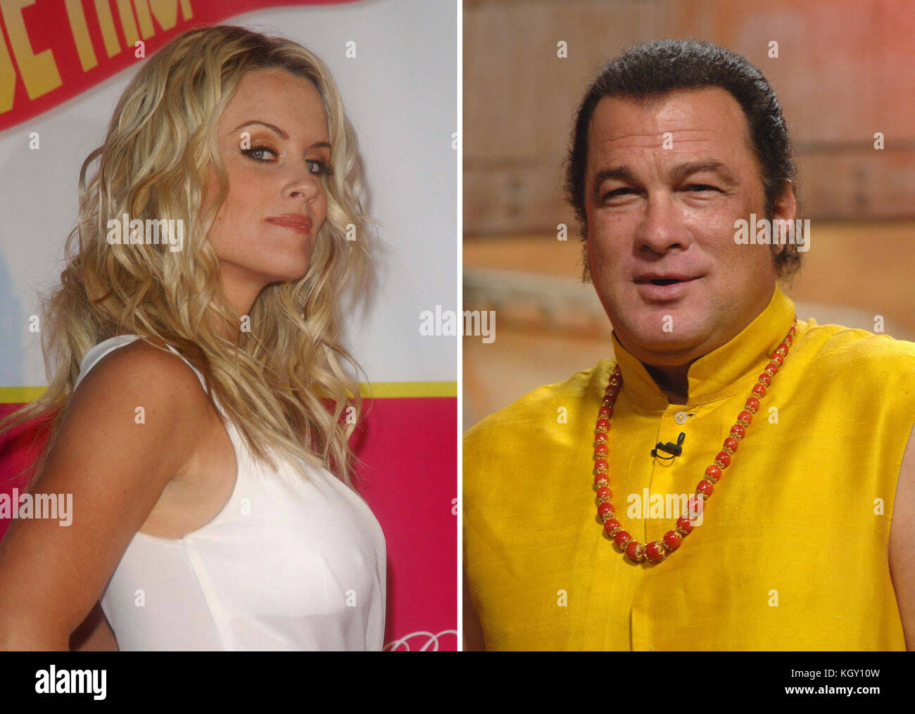 File photos of Jenny McCarthy and Steven Seagal, as the actress has claimed she was sexually harassed by the Hollywood actor. Stock Photo