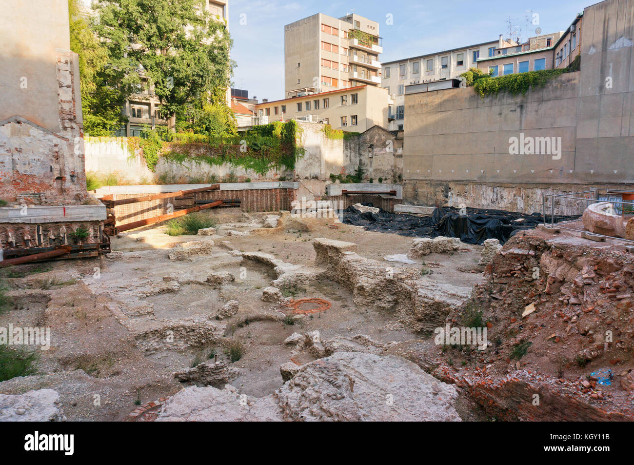 Archaeological excavations in Milan with probably Roman remains  (via Rovello) Stock Photo