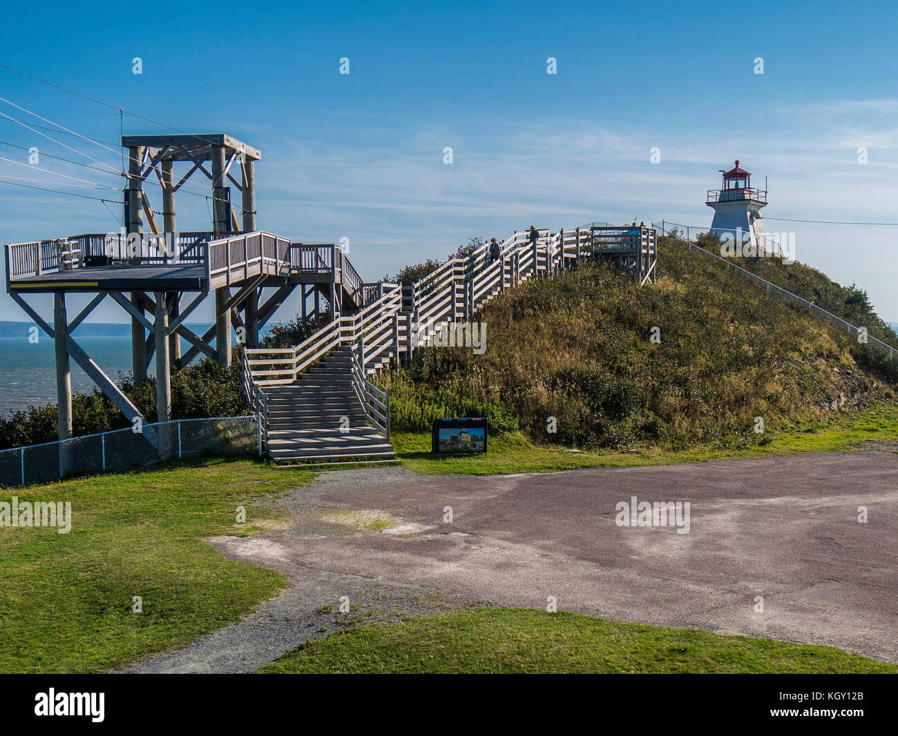 Zipline and lighthouse, Fundy's Cape Enrage, NB Highway 915, Bay of Fundy, New Brunswick, Canada. Stock Photo