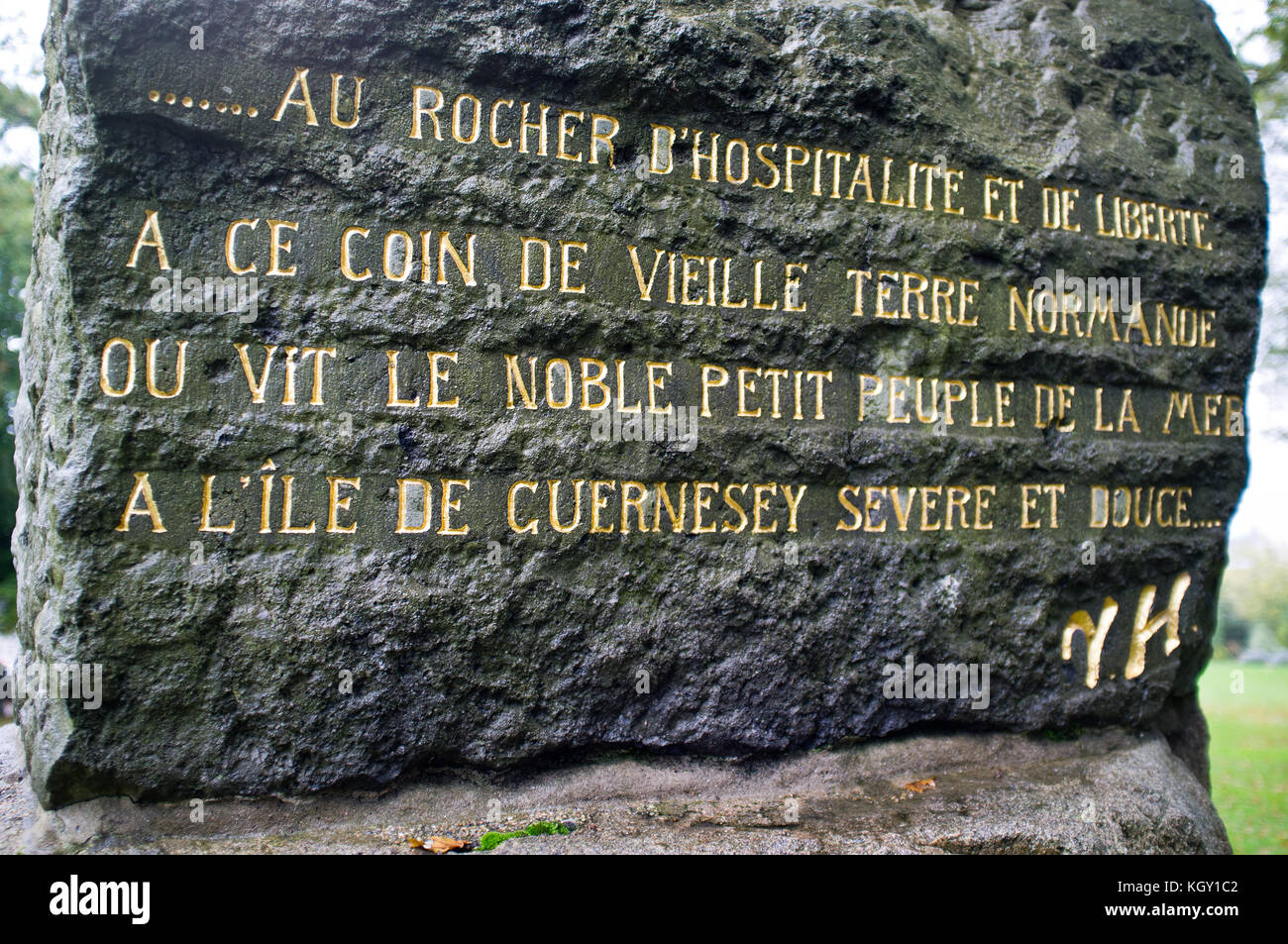 dh Candie Gardens ST PETER PORT GUERNSEY victor hugo guernsey inscription on statue Stock Photo