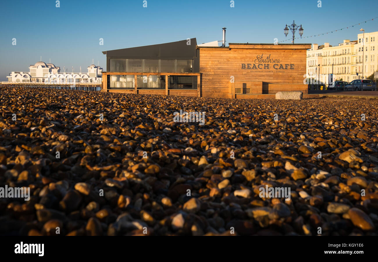 A morning view of Southsea Beach Cafe on the promenade Stock Photo