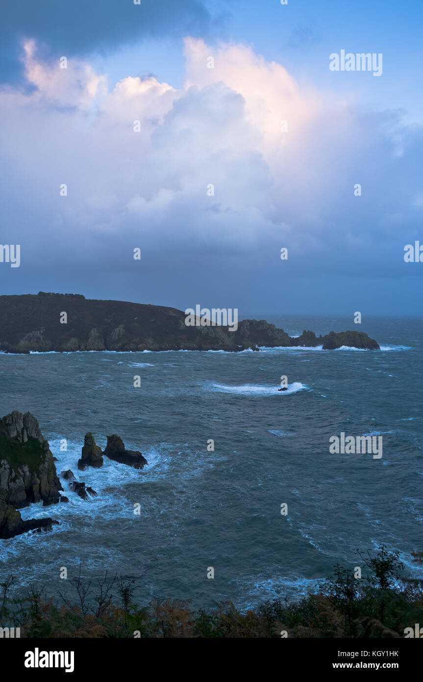 dh Jerbourg point ST MARTIN GUERNSEY Guernsey south coast stormy weather sea waves dramatic sky dark island Stock Photo