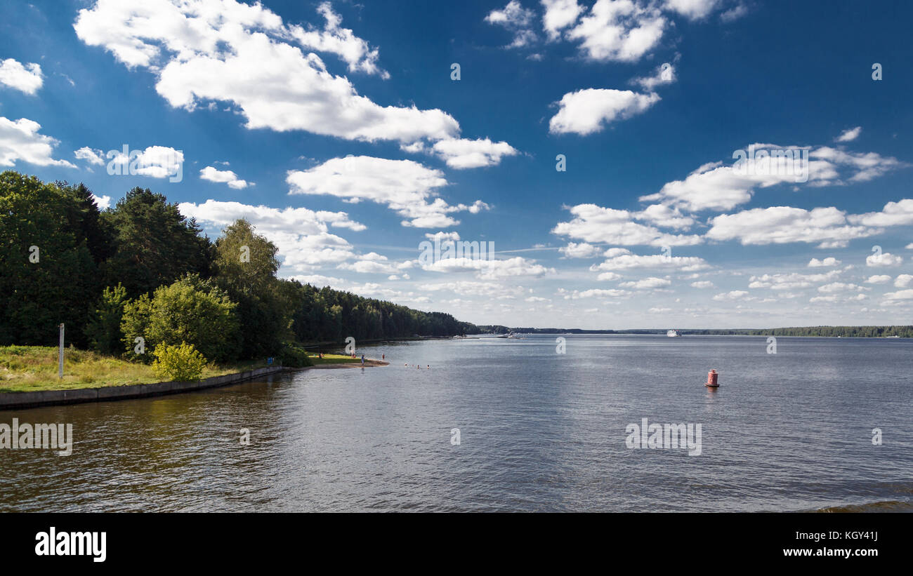 River landscape with blue sky and white clouds in summer Stock Photo ...