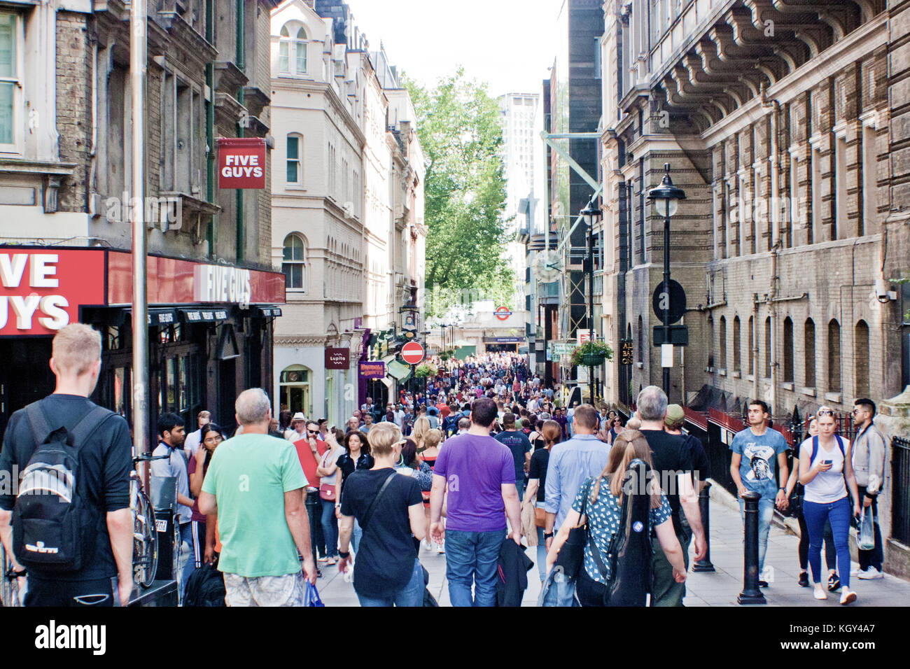 Crowd down the Villiers street, London, Charing Cross railway station Sunday afternoon. Stock Photo