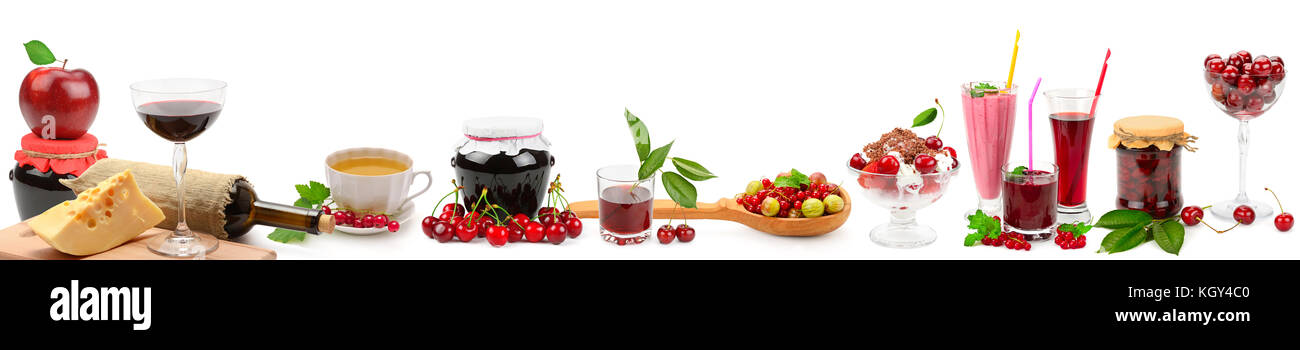 Panoramic wide collage for skinali. Fruit, drinks, healthy food. Isolated on white background. Stock Photo