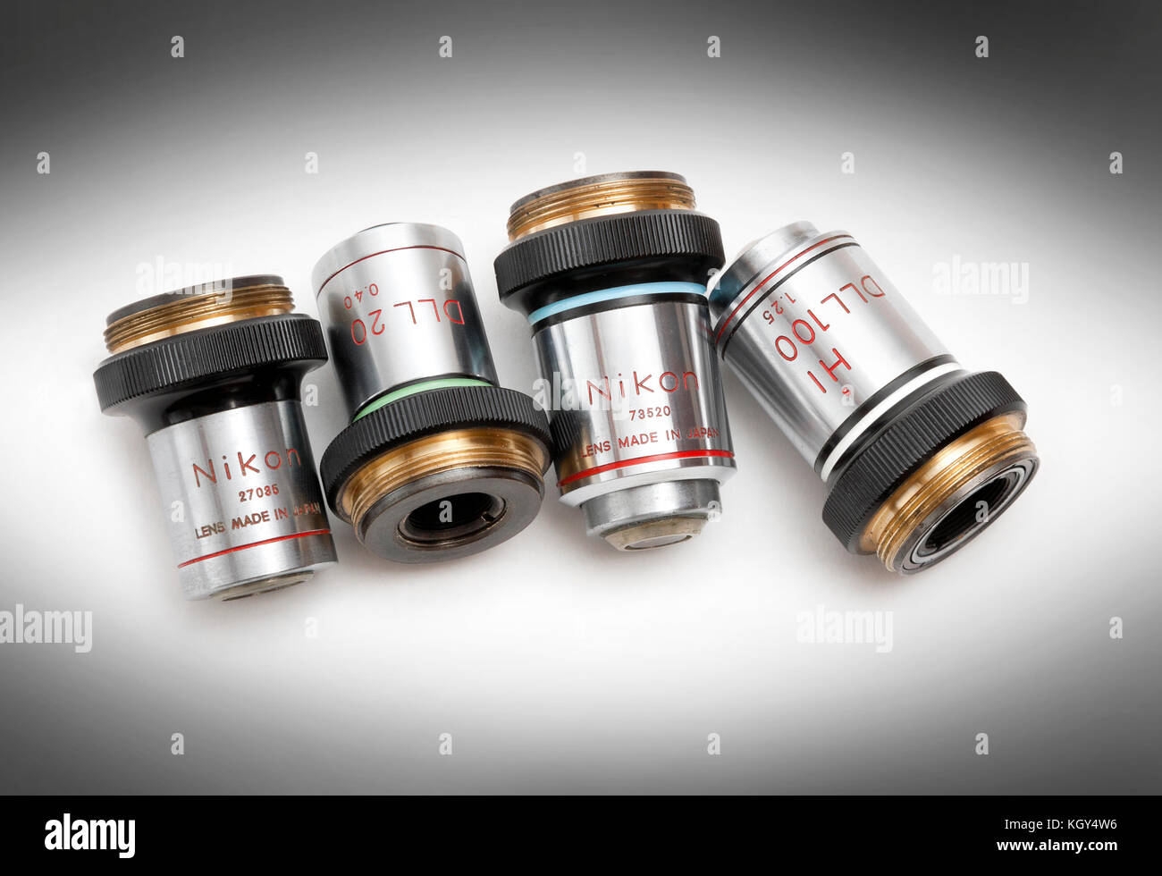 Vintage Nikon compound microscope, DLL achromatic objectives, RMS thread Stock Photo