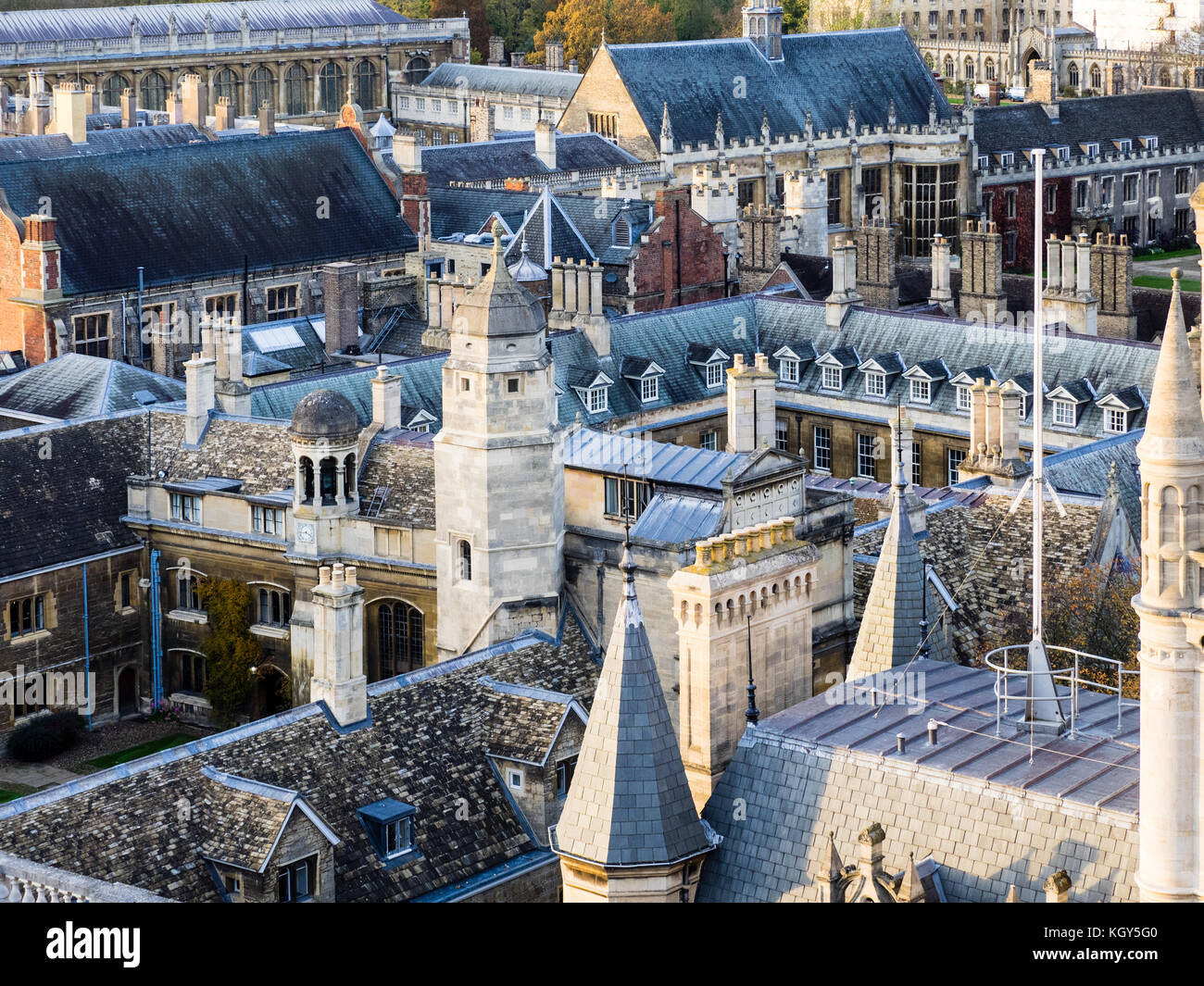 Cambridge Rooftops - view over the rooftops of part of Cambridge University, including Gonville and Caius, Trinity and St John's colleges. Stock Photo