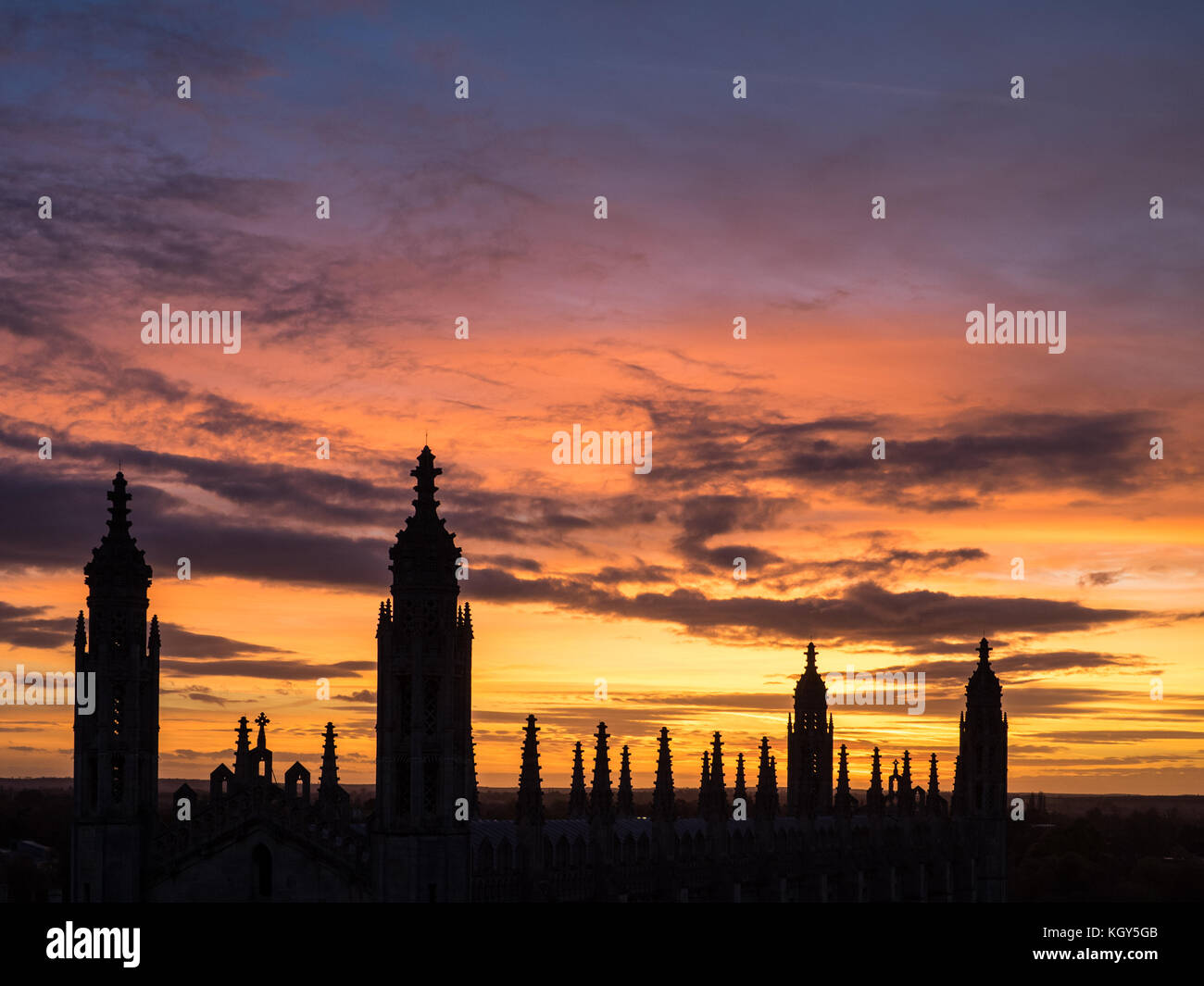 Kings College Chapel Cambridge - the spires of the Chapel against the setting Sun Stock Photo