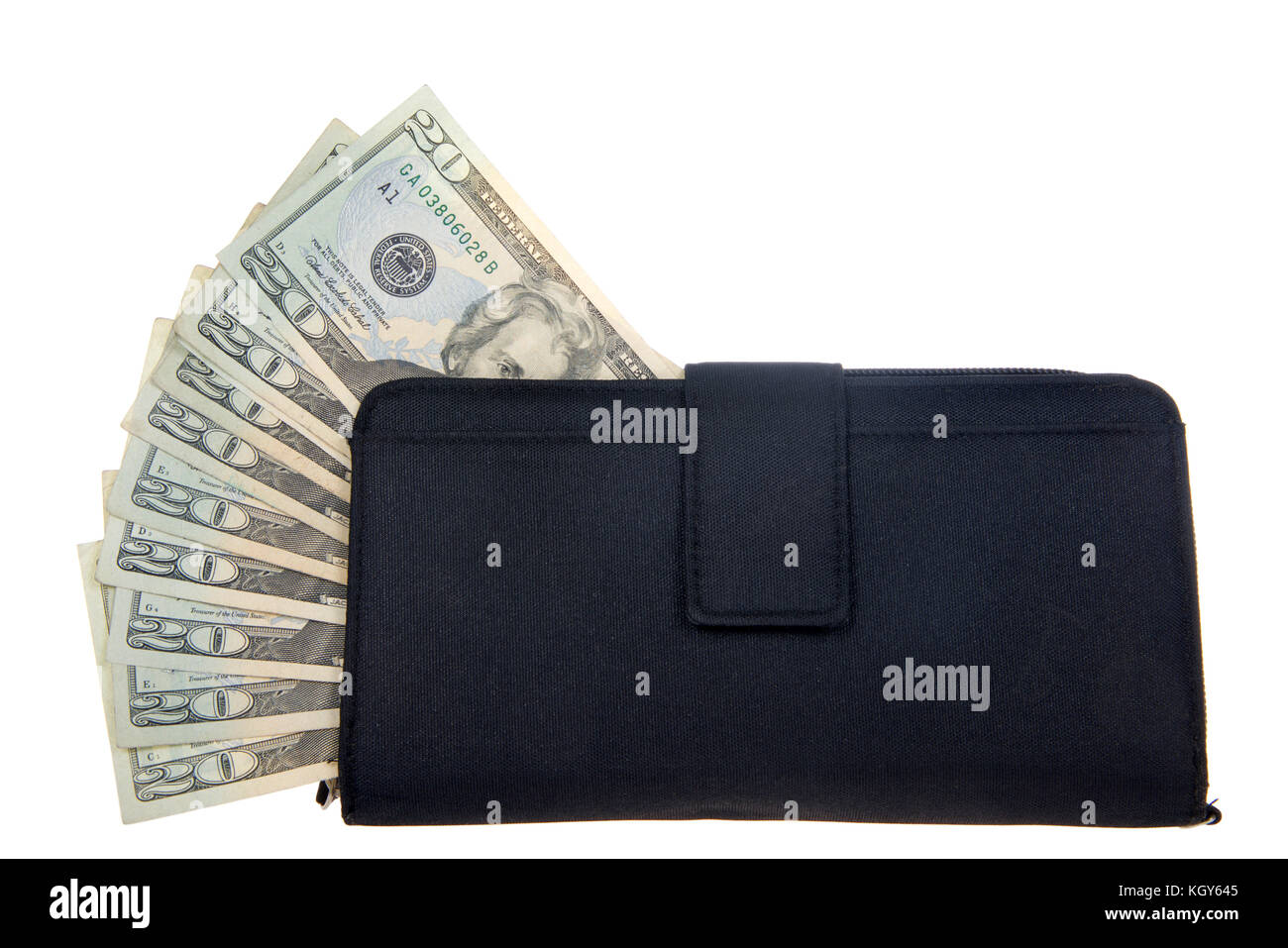 black woman's wallet with 20 dollar bills sticking out of the side isolated on white background Stock Photo