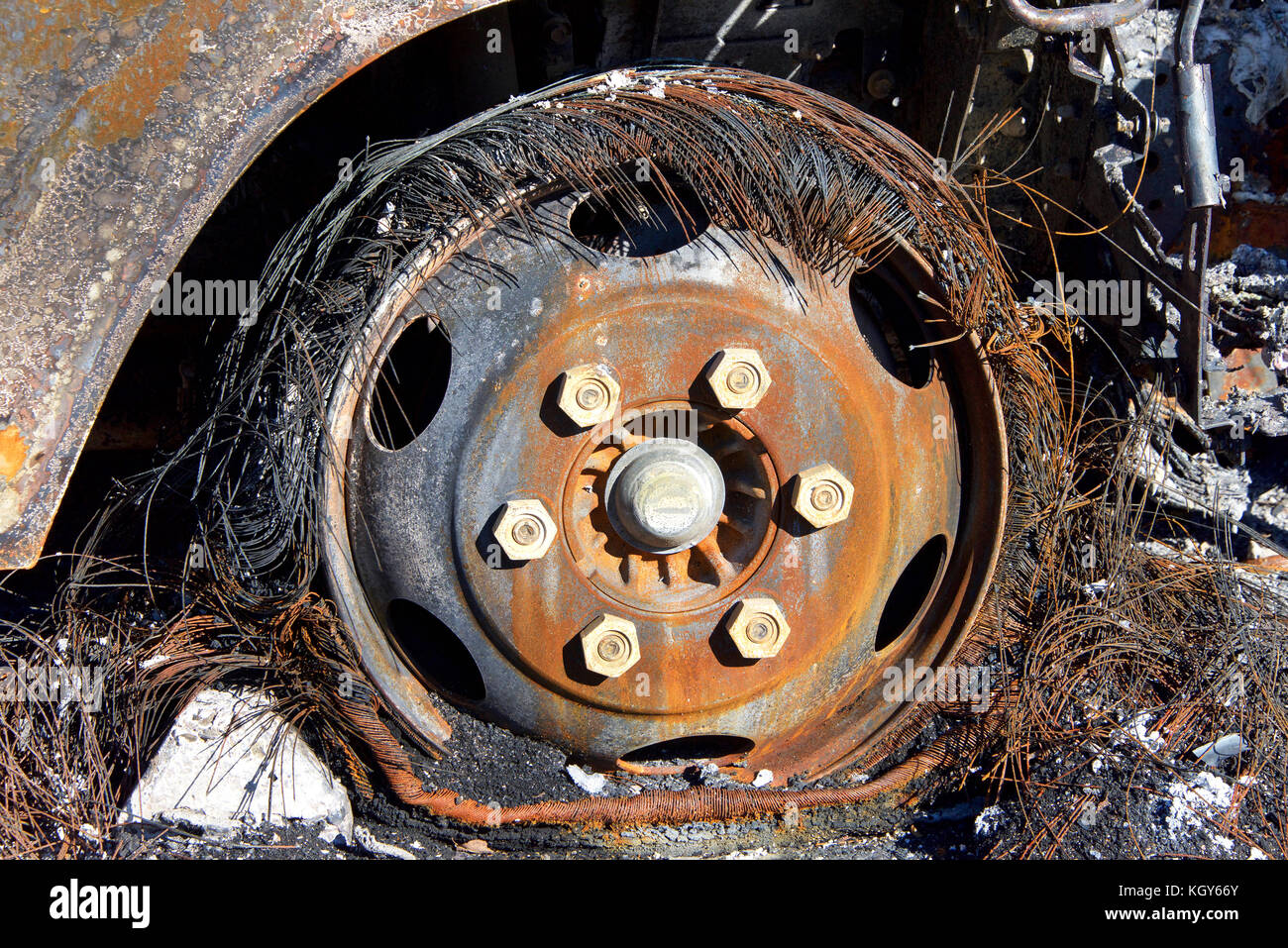 Truck tire burned in wildfire in Northern California, exposing steel belts Stock Photo