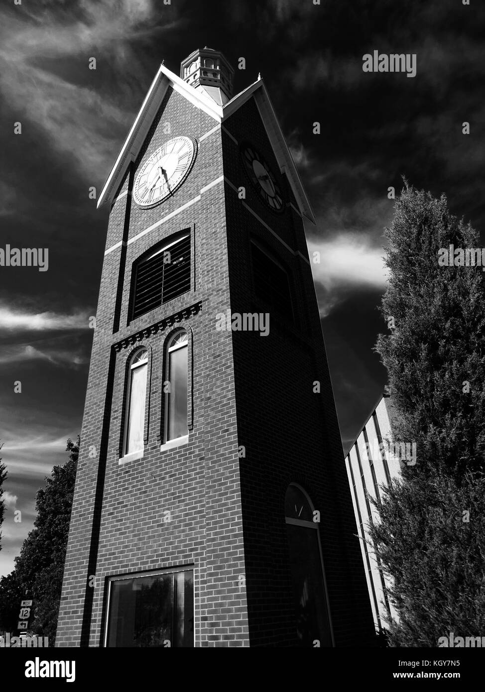 Coldwater, Michigan, United States-July 6, 2017:  A black and white photograph of a clock tower located in the historic town of Coldwater Michigan Stock Photo