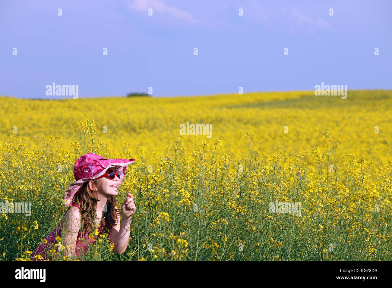 happy little girl on yellow flowers field Stock Photo - Alamy