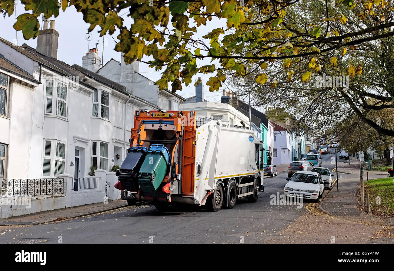 Refuse collection dustbin lorry truck in Hanover area of Brighton Stock