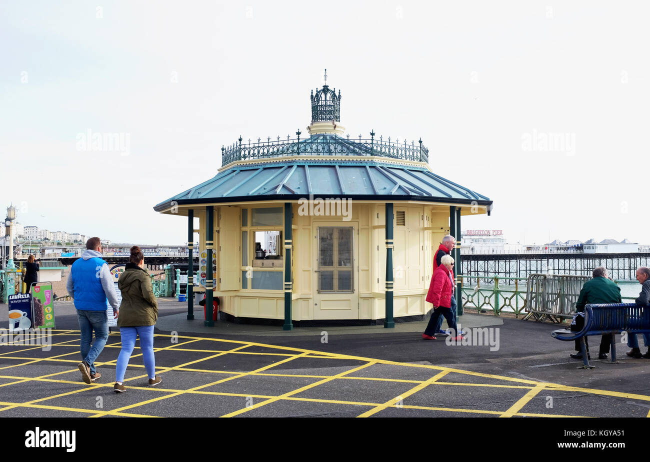The recently restored Shelter Hall kiosk on Brighton and Hove seafront at bottom of East Street which has been moved from East Street Stock Photo