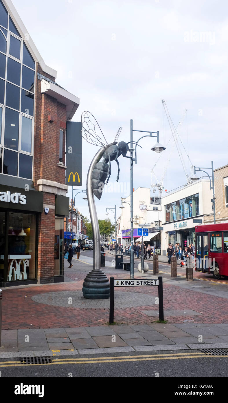 Watford Hertfordshire UK October 2017 - The hornet sculpture in the High Street Photograph taken by Simon Dack Stock Photo