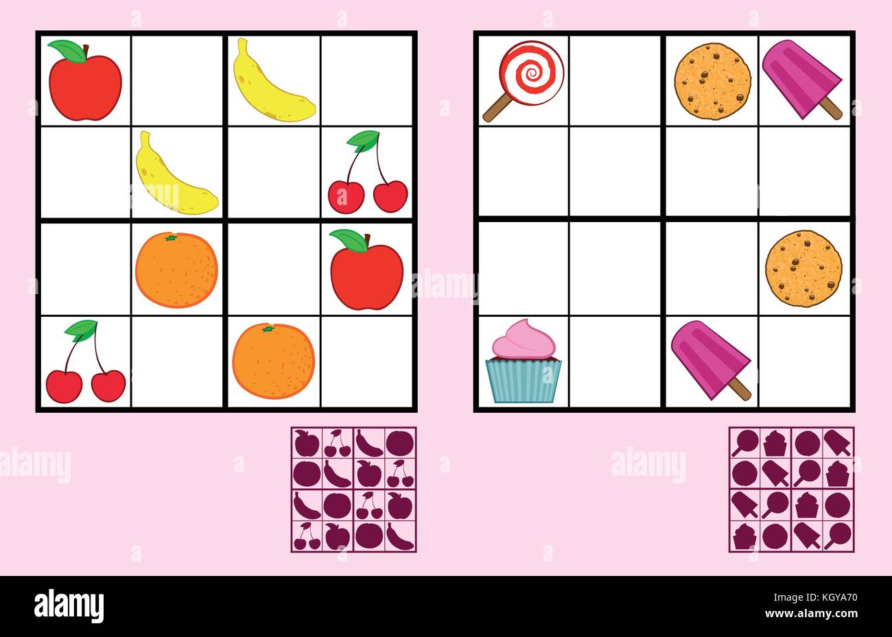 Sudoku game for children with sweet food and fruits. Kids activity sheet. Training logic