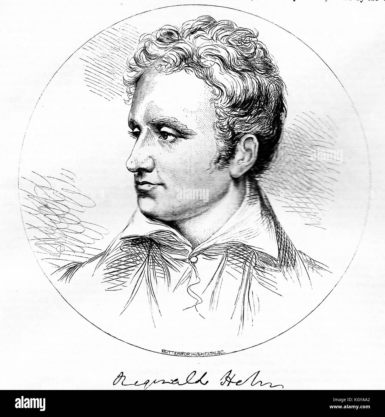 1865 portrait of Bishop Reginald Heber (author of  Bishop Heber's Indian Journal),   English Anglican parson, bishop (of Calcutta, India) , writer, traveller, man of letters, poet and hymn-writer - Died  Trichinopoly aka Tiruchi or Trichy,   (now Tiruchirappalli)  India Stock Photo
