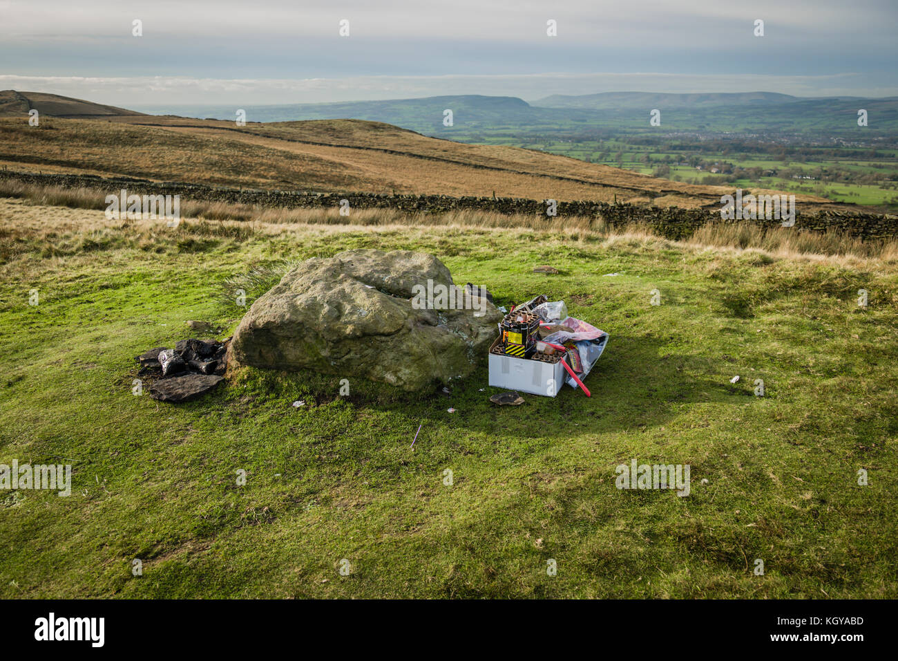 Litter from fireworks party left on Pendle Hill, Lancashire, UK. Stock Photo