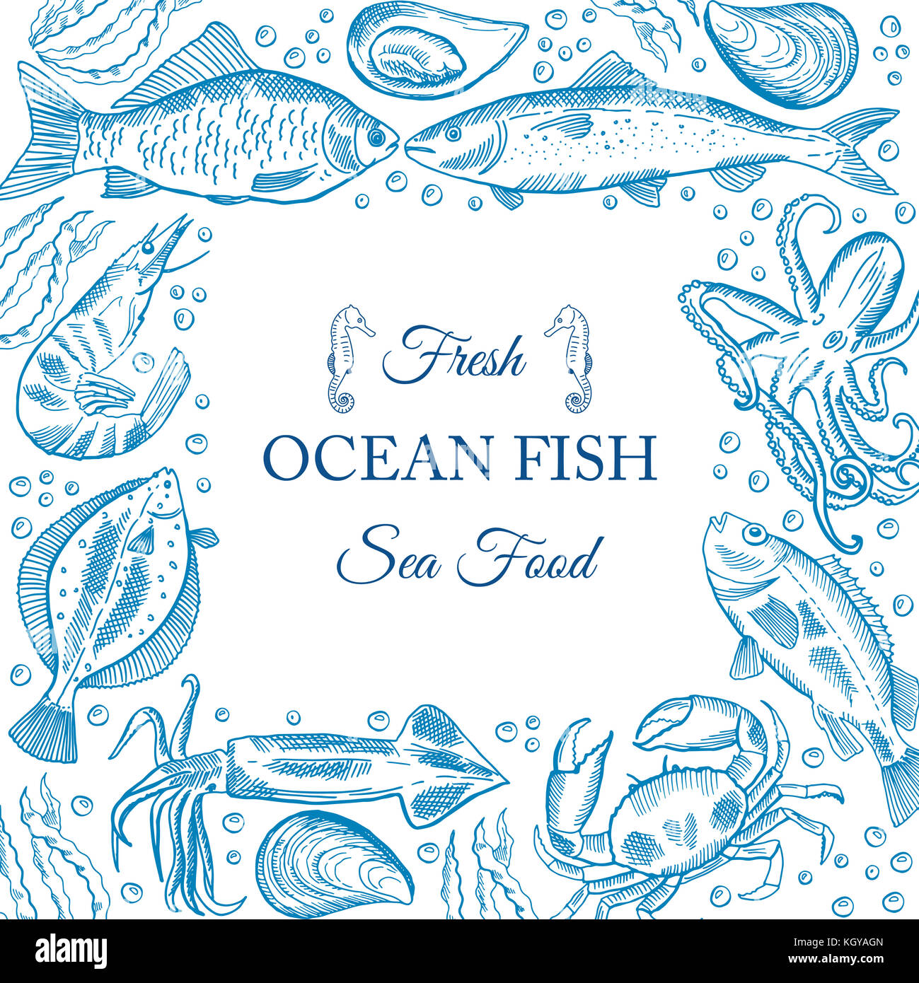 frame with hand drawn seafood illustration - fresh fish, crab, , mussel ...
