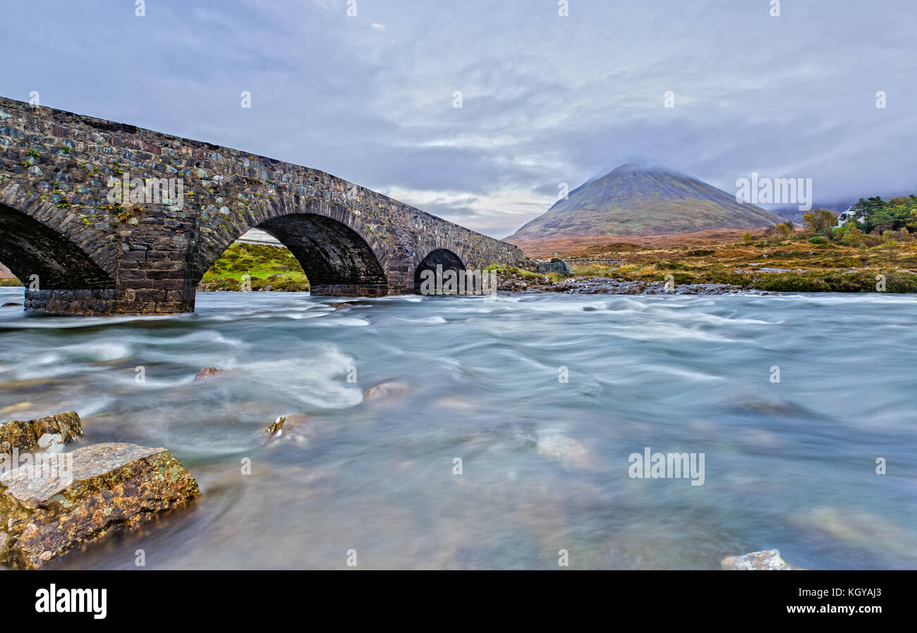 Glen Sligachan Bridge on Isle of Skye at Twilight Stock Photo