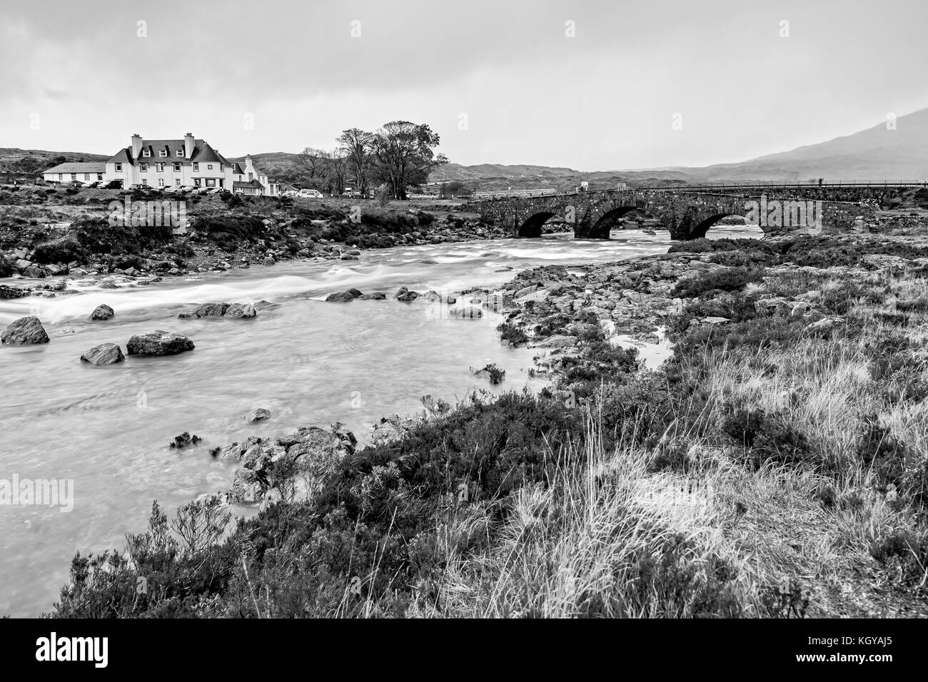 Glen Sligachan Bridge on the Isle of Skye, Scotland in Black and White Stock Photo
