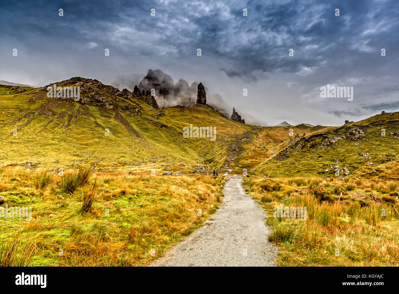 Dark Clouds over the Old Man of Storr on the Isle of Skye, Scotland Stock Photo