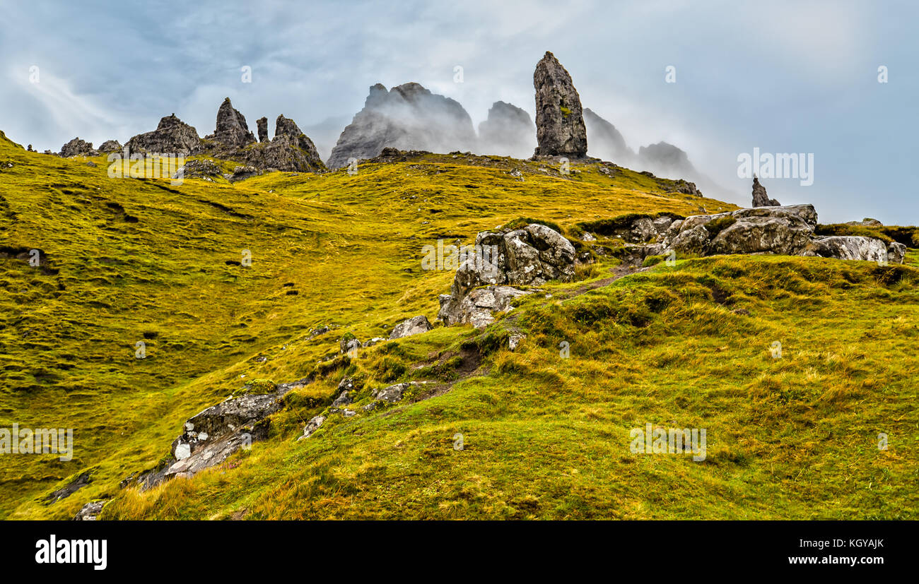 Dark Clouds over the Old Man of Storr on the Isle of Skye, Scotland Stock Photo