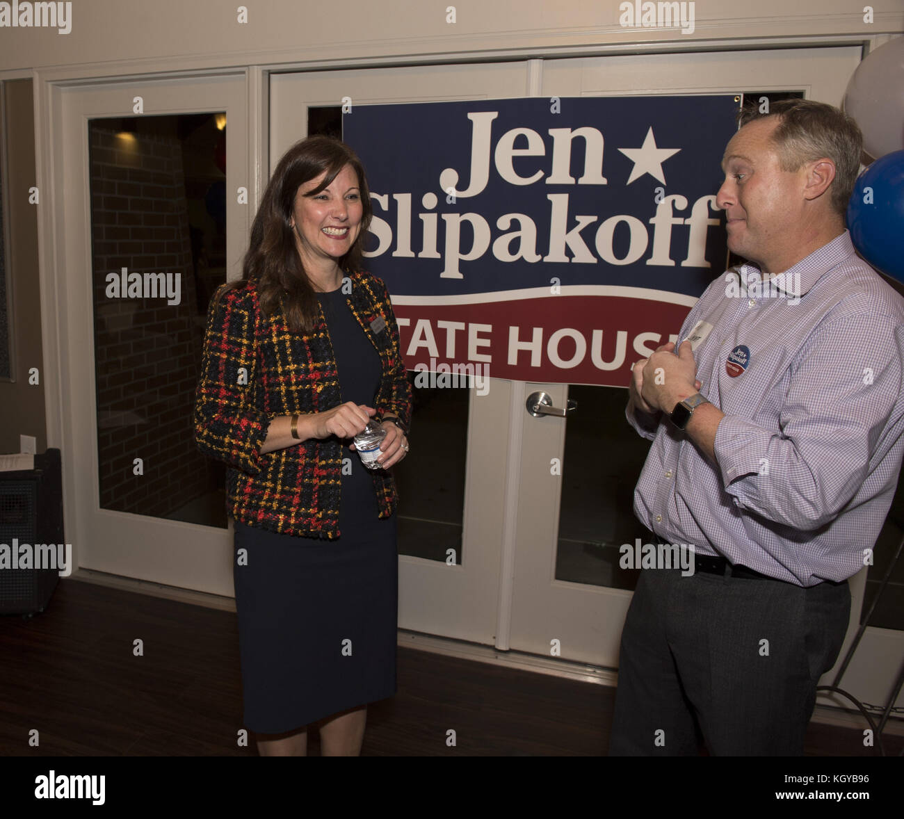 November 9, 2017 - GA - Jen Slipakoff, a Kennesaw, Georgia mom with no previous political experience, launched her campaign to run for state representative in the state's 36th house district. She is a vocal ally for human rights, inclusion, and gay and transgender rights, and has a grade school daughter who is transgender. Her district is historically conservative and Republican.''Georgia is one of a few states that does not have anti-discrimination laws in effect, '' she said. ''I am committed to ensuring equality and civil liberties for our LGBTQ neighbors and friends. We cannot allow discri Stock Photo