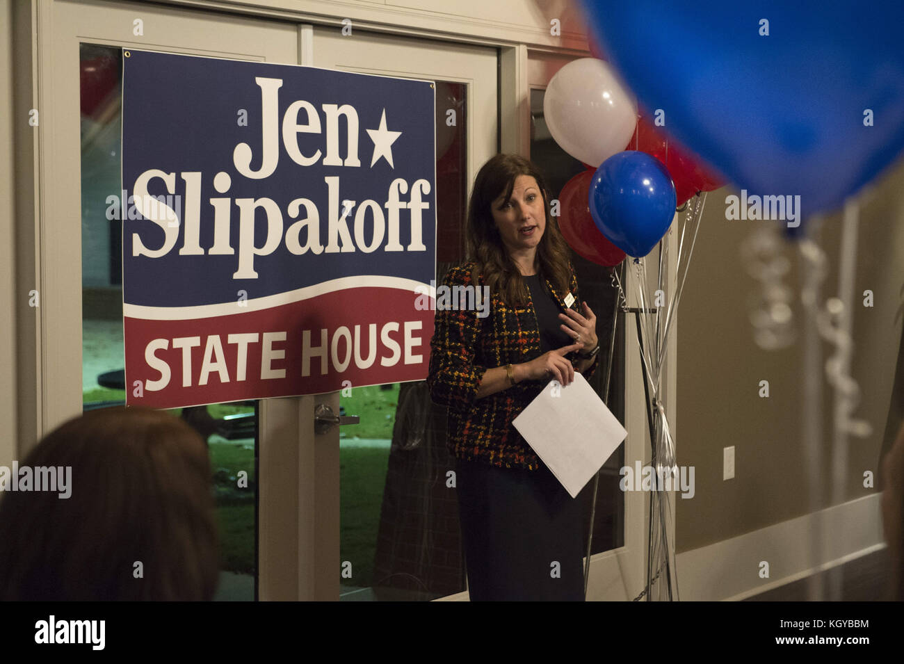 November 9, 2017 - GA - Jen Slipakoff, a Kennesaw, Georgia mom with no previous political experience, launched her campaign to run for state representative in the state's 36th house district. She is a vocal ally for human rights, inclusion, and gay and transgender rights, and has a grade school daughter who is transgender. Her district is historically conservative and Republican.''Georgia is one of a few states that does not have anti-discrimination laws in effect, '' she said. ''I am committed to ensuring equality and civil liberties for our LGBTQ neighbors and friends. We cannot allow discri Stock Photo