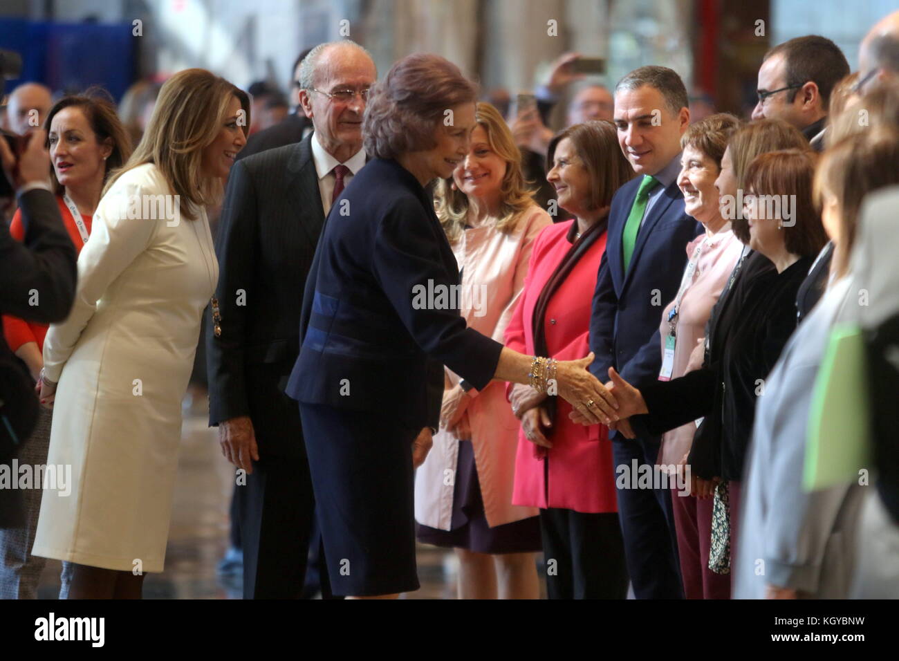 November 10, 2017 - 10 November (Malaga) Queen Sofia has opened this Friday the VII National Congress of Alzheimer, which is held at the Palace of Congresses and Fairs of Malaga with the assistance of family members, professionals and some patients. DoÃ±a SofÃa was accompanied at the opening ceremony by the president of the Junta de AndalucÃa, Susana DÃaz; the mayor of MÃ¡laga, Francisco de la Torre; the Secretary of State for Social Services and Equality, Mario GarcÃ©s, and the president of the Spanish Confederation of Alzheimer's (CEAFA), Cheles Cantabrana, organizing entity of the congre Stock Photo