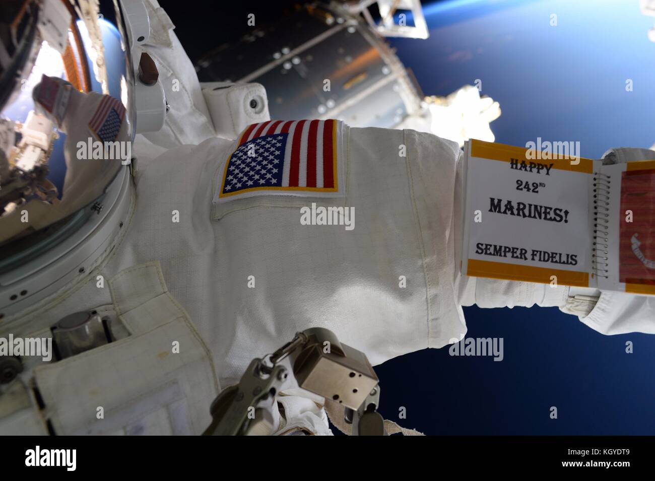 International Space Station. 10th Nov, 2017. Expedition 53 American astronaut Randy Bresnik celebrates the birthday of the U.S. Marine Corps with a message attached to his spacesuit aboard the International Space Station for storage November 10, 2017 in Earth Orbit. Credit: Planetpix/Alamy Live News Stock Photo