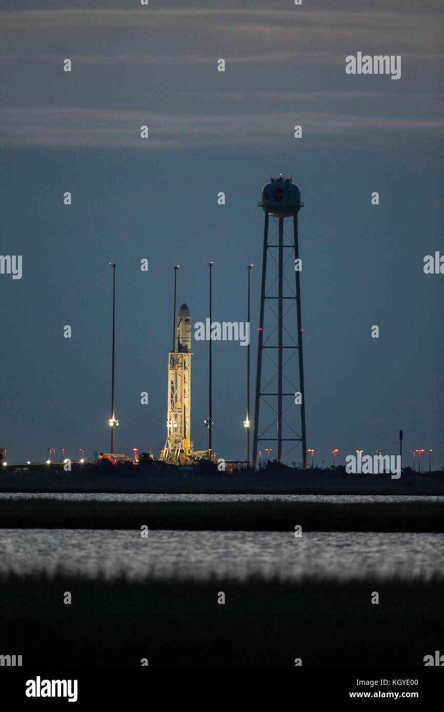 The Orbital ATK Antares rocket is readied for launch Pad-0A at Wallops Flight Facility November 10, 2017 in Wattsville, Virginia. The rocket will carry over 7,400 pounds of supplies to the International Space Station. Stock Photo