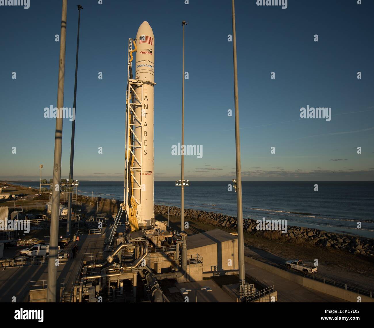 The Orbital ATK Antares rocket carrying the Cygnus space capsule is readied for launch Pad-0A at Wallops Flight Facility November 10, 2017 in Wattsville, Virginia. The rocket will carry over 7,400 pounds of supplies to the International Space Station. Stock Photo