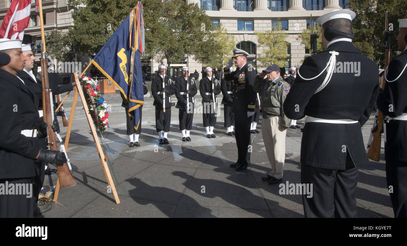 Rear Admiral Charles Rock, USN and Command Master Chief Charles Baldwin, USN (Ret.) lay a wreath