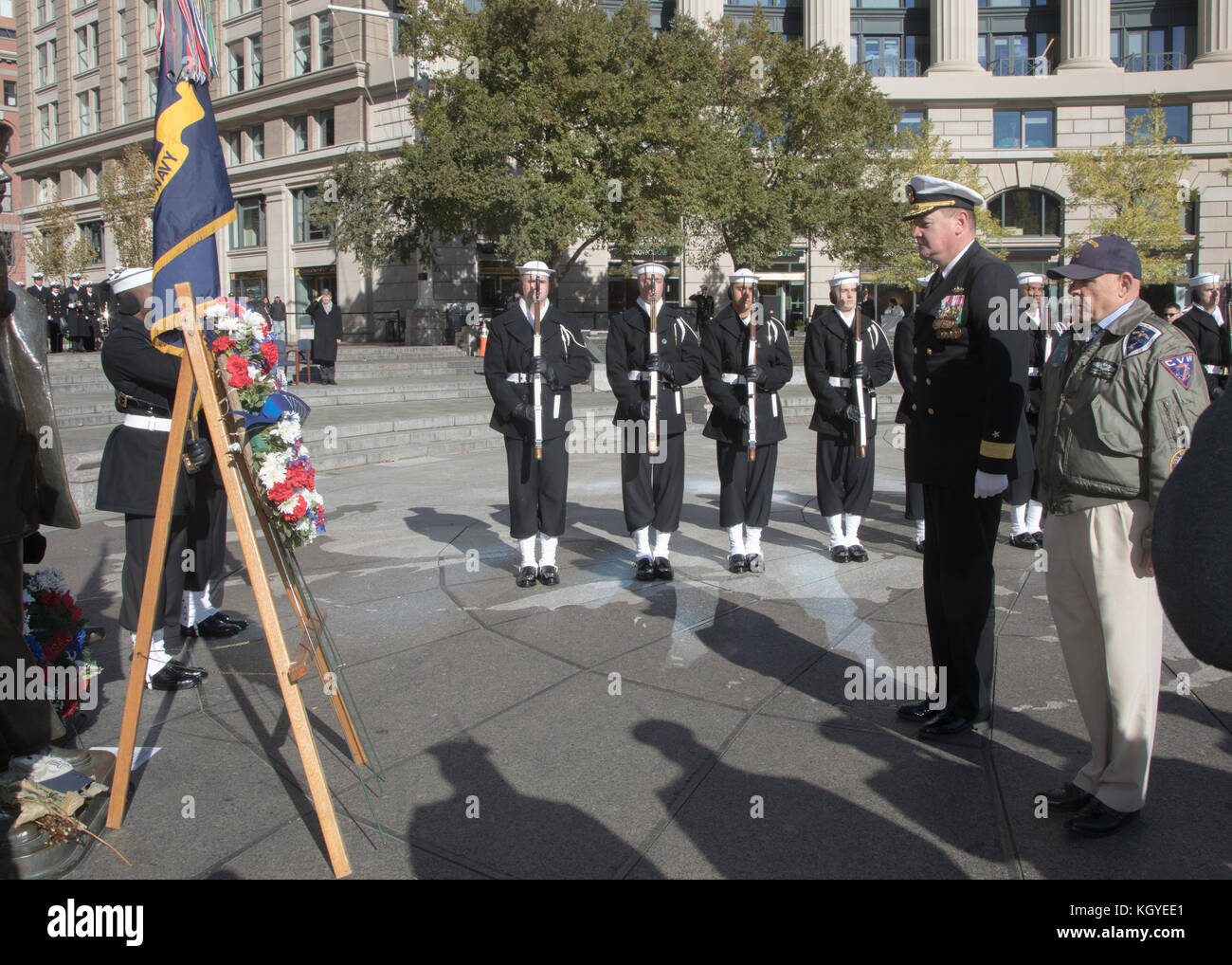 Rear Admiral Charles Rock, USN and Command Master Chief Charles Baldwin, USN (Ret.) lay a wreath