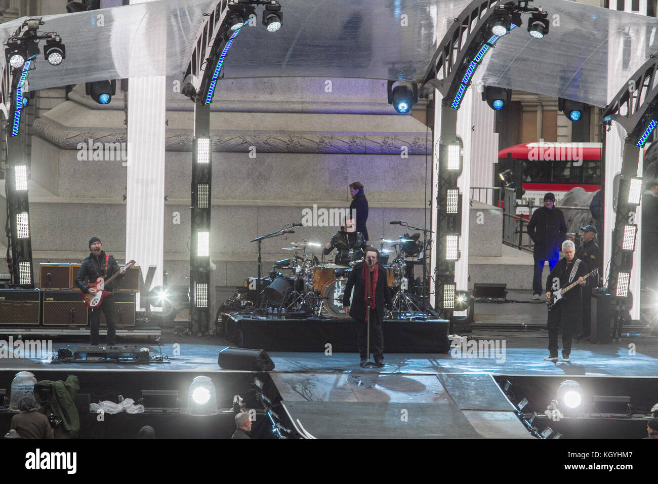 London, UK. 11th Nov, 2017. Members of the Irish Rock band U2 band rehearse on stage in Trafalgar Square London for their upcoming concert Credit: amer ghazzal/Alamy Live News Stock Photo