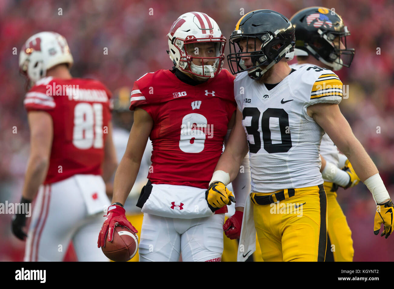 Madison, WI, USA. 11th Nov, 2017. Wisconsin Badgers wide receiver Danny Davis III #6 reacts after a 16 yard catch during the NCAA Football game between the Iowa Hawkeyes and the Wisconsin Badgers at Camp Randall Stadium in Madison, WI. Wisconsin defeated Iowa 38-14. John Fisher/CSM/Alamy Live News Stock Photo
