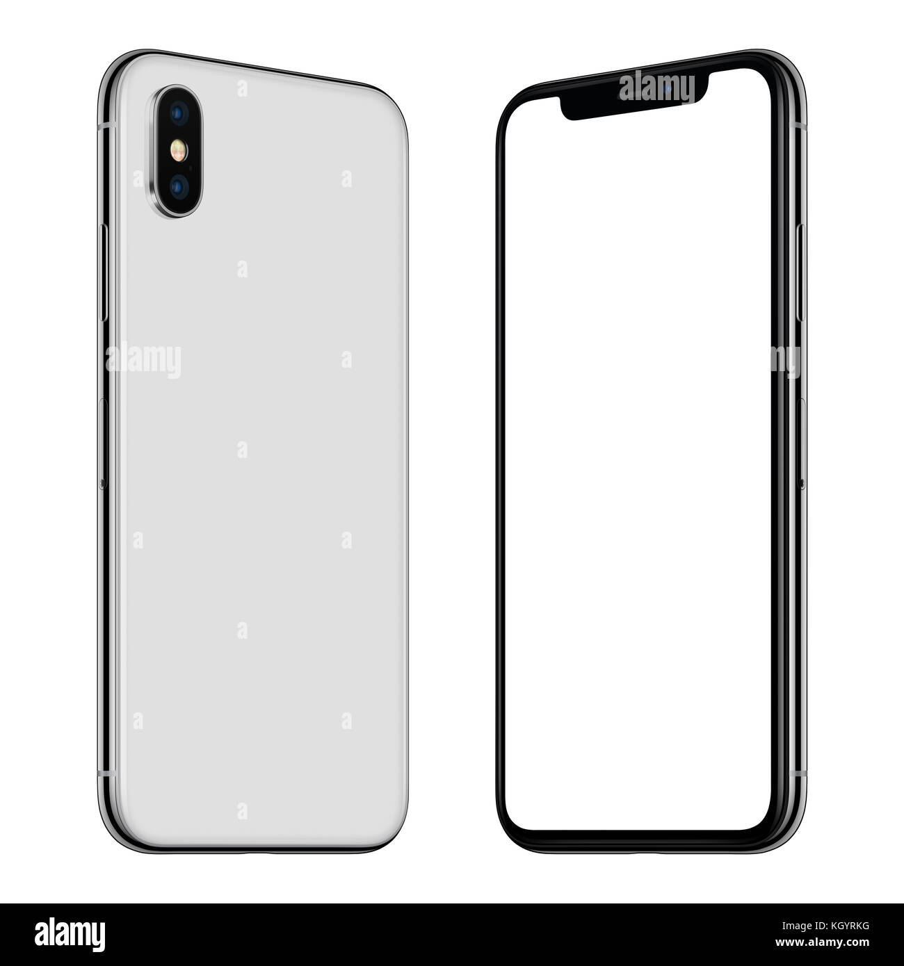 Rotated smartphone like iPhone X mockup front and back side. New white ...