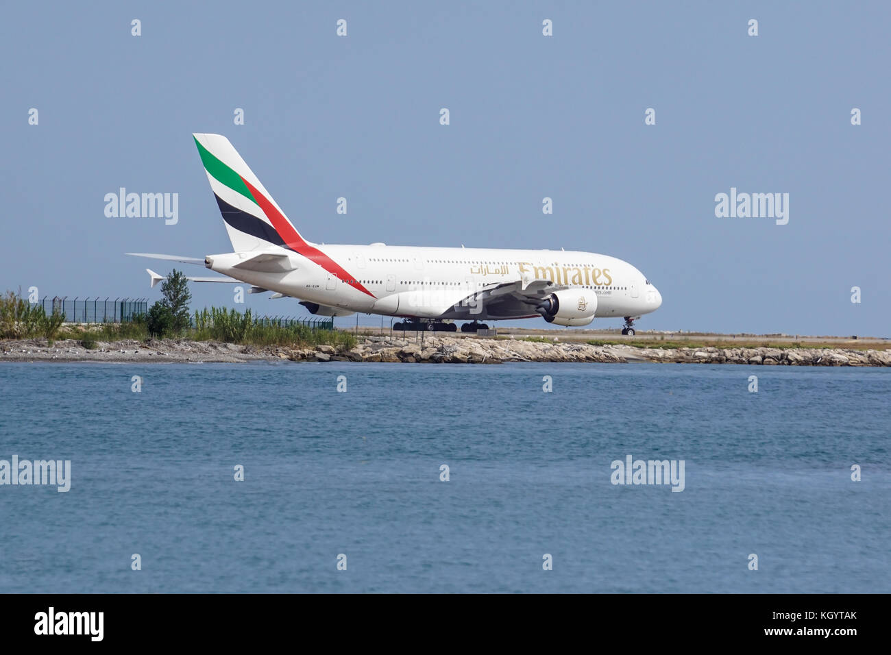 NICE , FRANCE 16 August 2017 : Emirates A380-861 double-decker wide-body passenger plane (A6-EDX) taxiing on International Airport . Stock Photo