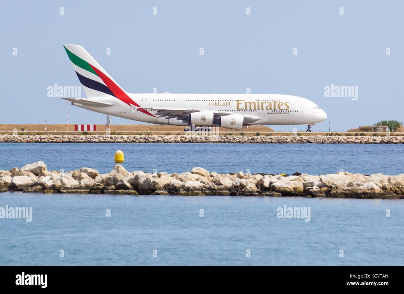 NICE , FRANCE 16 August 2017 : Emirates A380-861 double-decker wide-body passenger plane (A6-EDX) taxiing on International Airport . Stock Photo