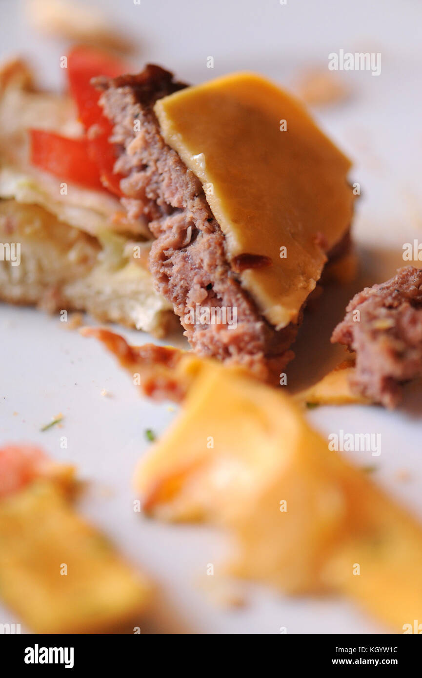 Messy food leftovers. Burger leftover on the plate after party Stock