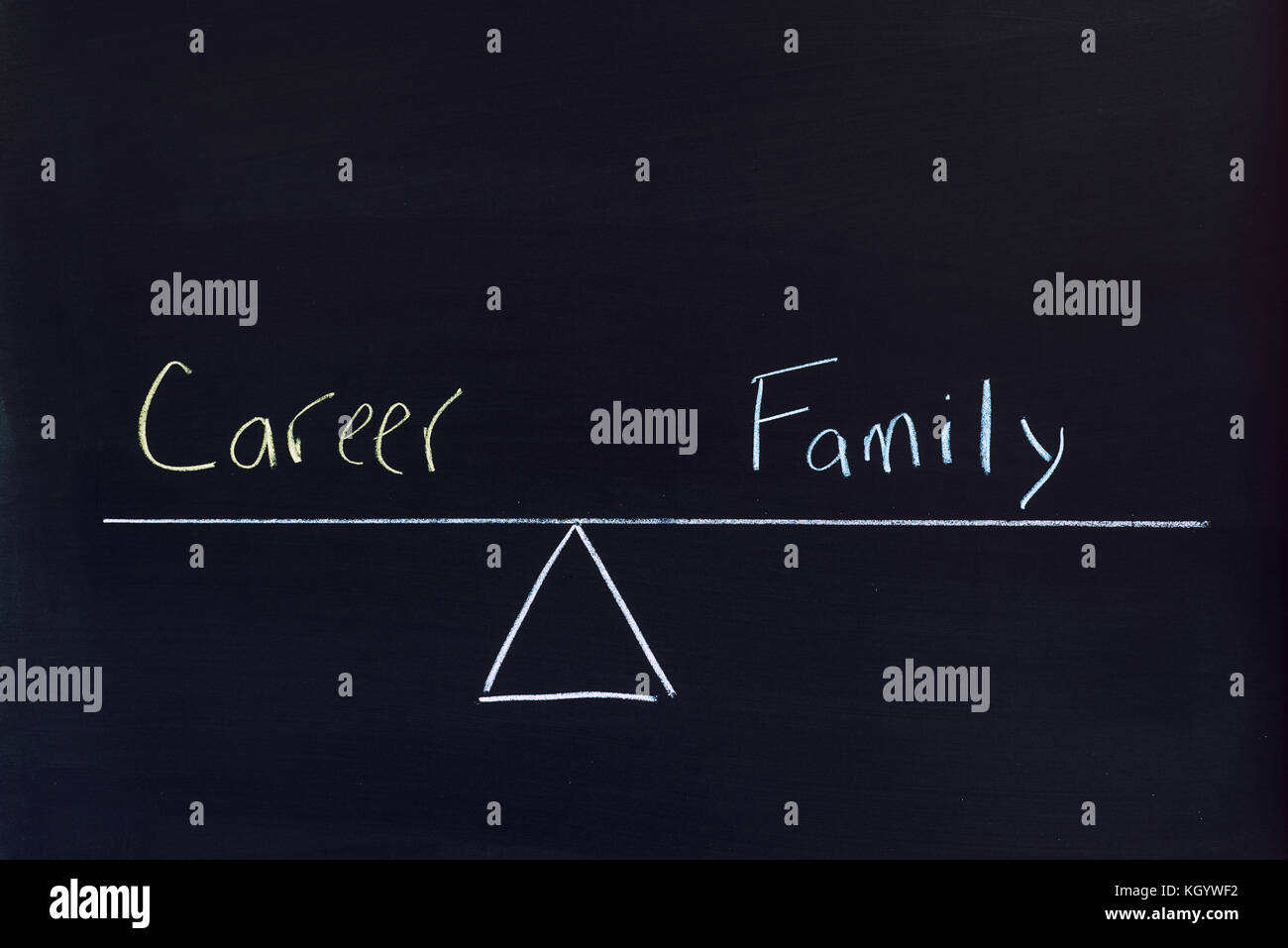 The words Career and Family on a balance scale. Stock Photo