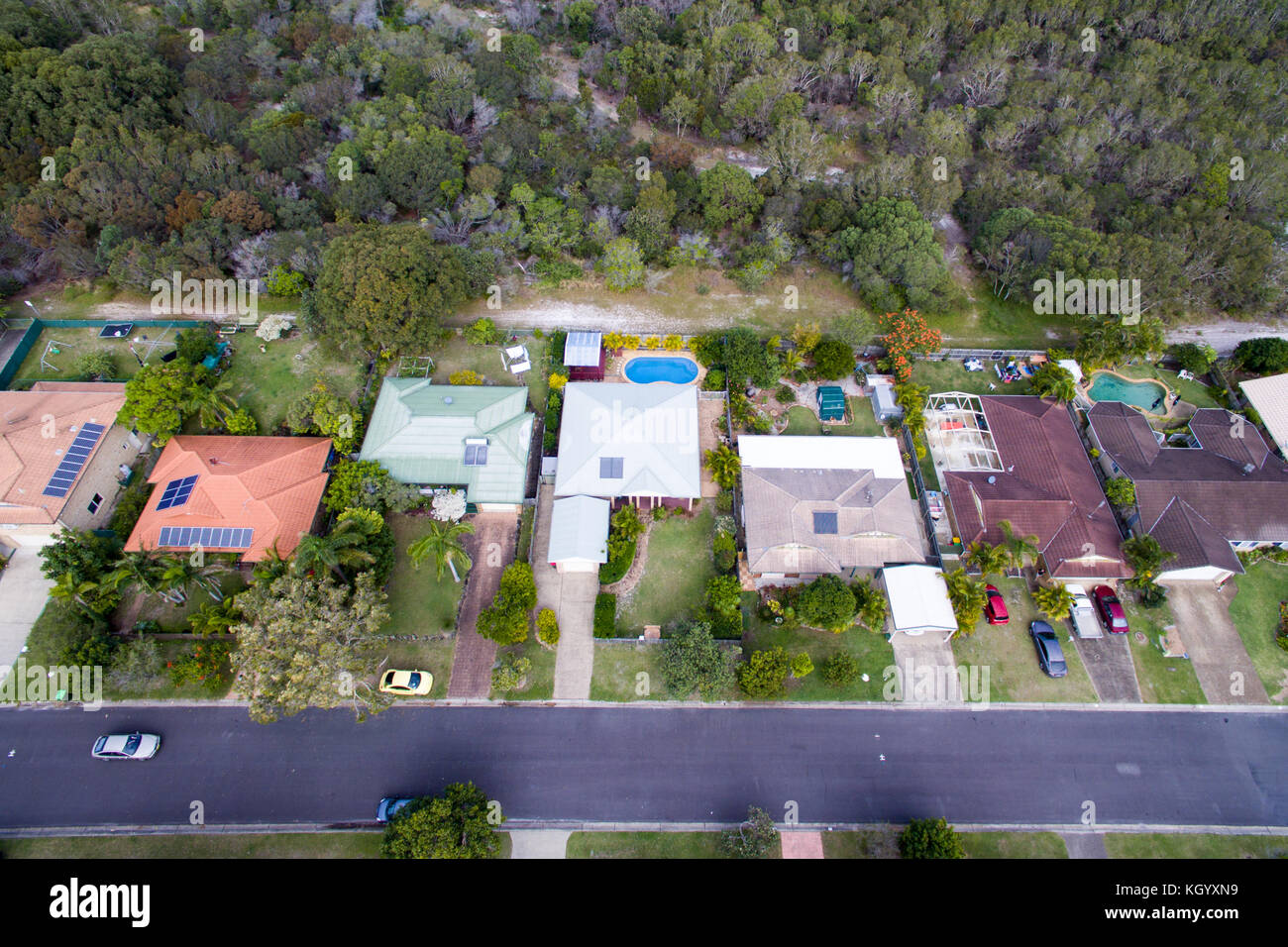 Aerial view of a residential neighbourhood in Bogangar, New South Wales, Australia. Stock Photo