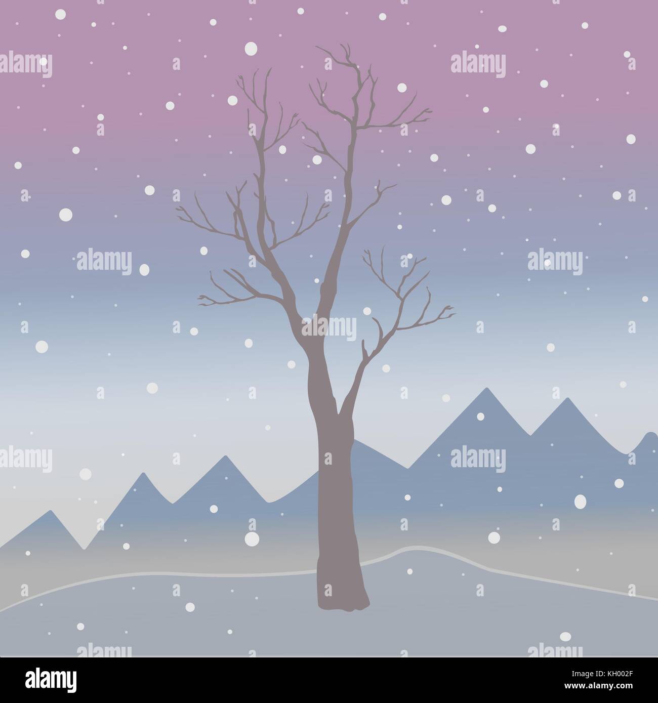 Winter Tree on a cold looking background with mountains and snowy sky ...